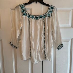 Charlotte Russe White Blouse with Blue Embroidery